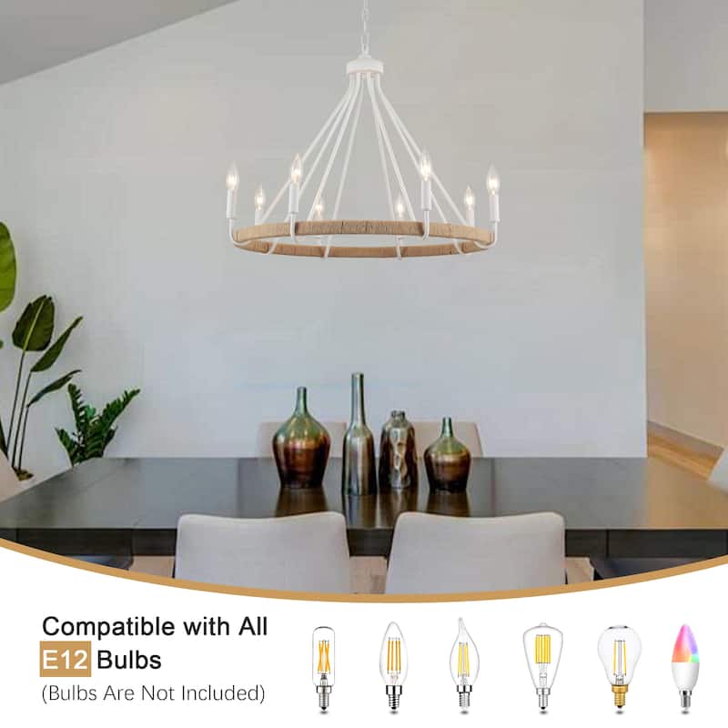8-Light Hanging Candlestick Wagon Wheel Chandelier Hemp Rope Linear Chandelier Lighting for Kitchen Island
