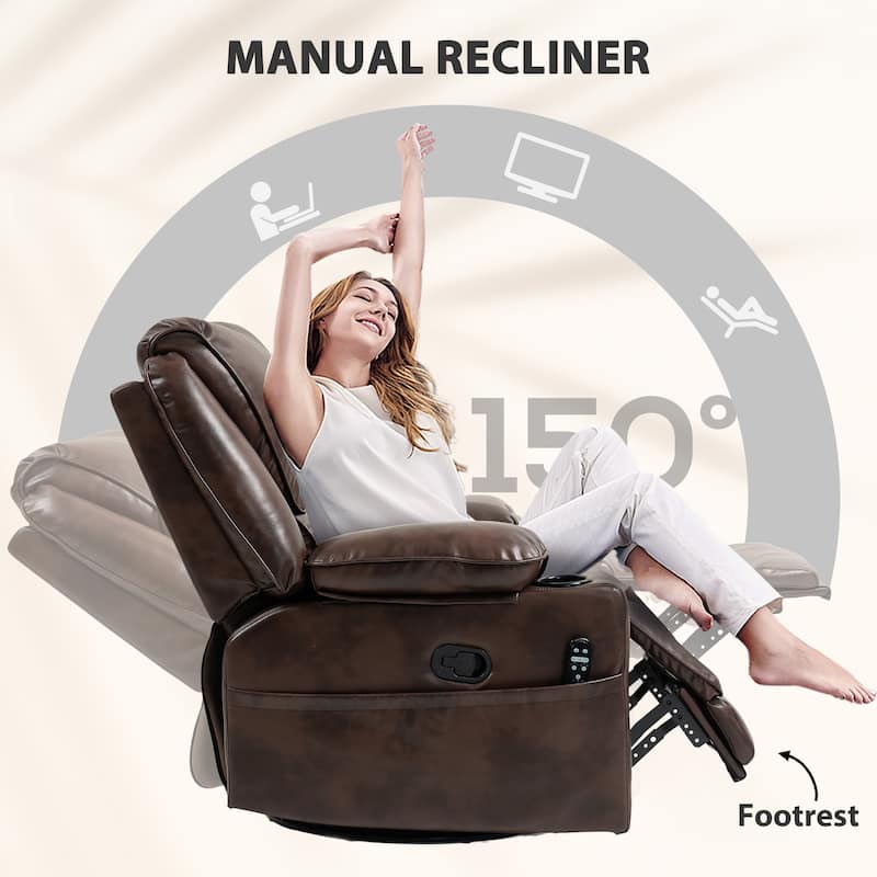 Brown PU Massage Swivel Recliner Chair with Lumbar Heating Rocking and 8 Vibration Modes
