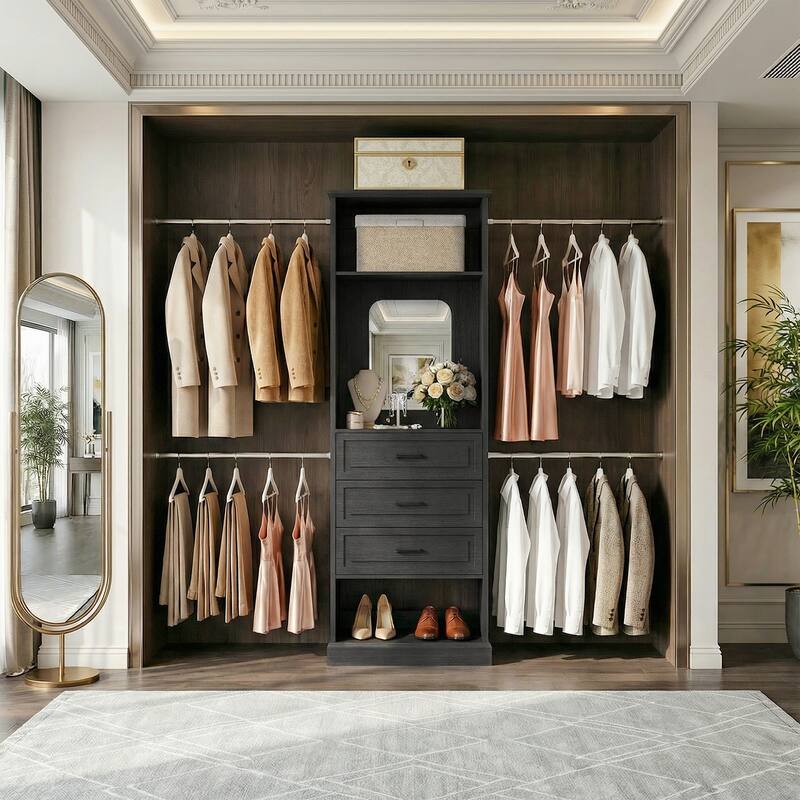 90'' W Closet System with Extendable Hanging Rods & Mirror,Walk-in Closet Organizer System Starter Kit with Drawers