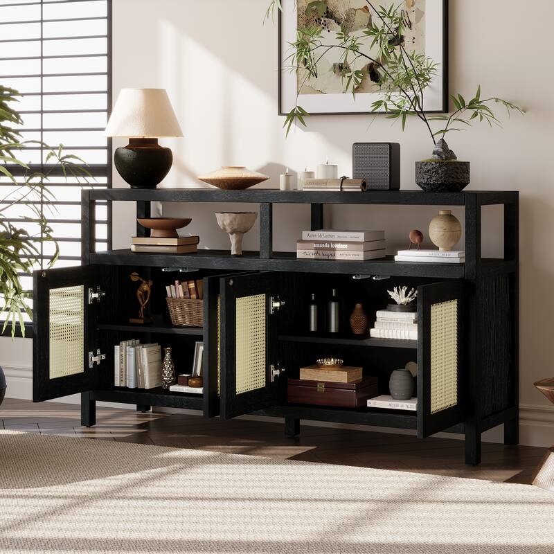 Anmytek Black Bohemian Rattan Sideboard Solid Wood Buffet Cabinet with Adjustable Shelves Push to Open for Living Dining Room