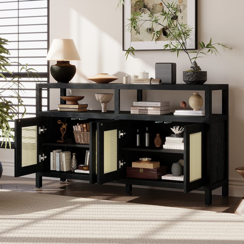 Roomfitters Bohemian Rattan Buffet Cabinet with Solid Wood Frame, Sideboard with Adjustable Shelves, Push-to-Open Design