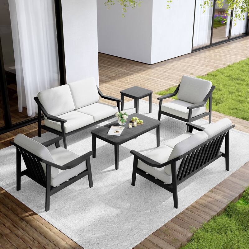 Outdoor Conversation 6 Seater Patio Chat Set with Cushions and Table - Dark Wood - Beige