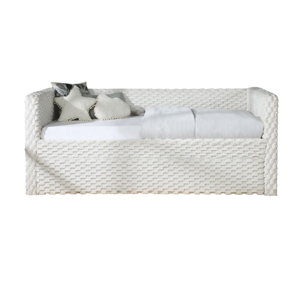 Lya Daybed w Pull Out Trundle, Textured Tufted White Dove Upholstery