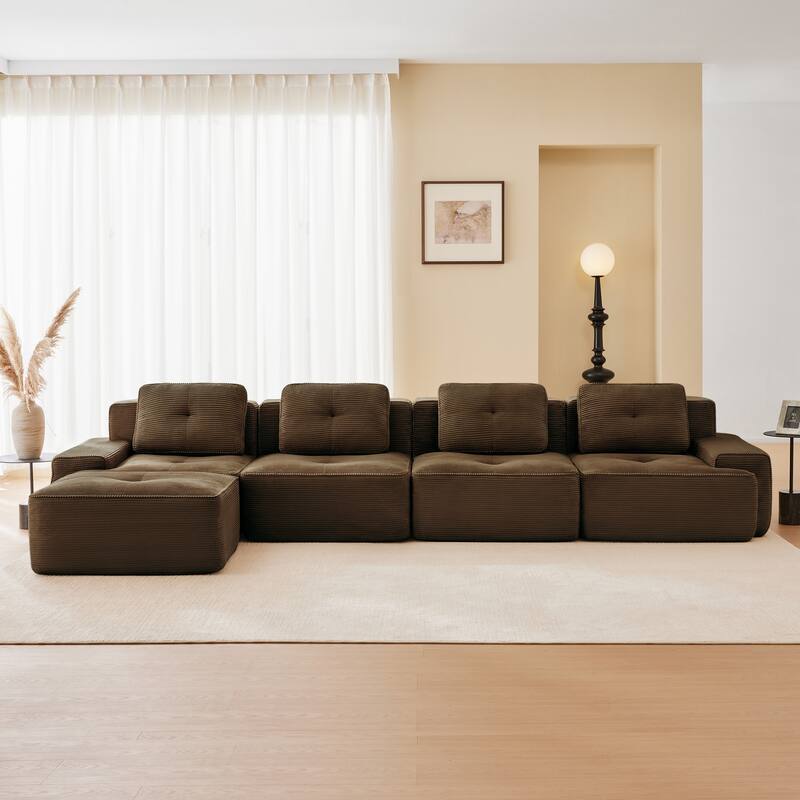 L-Shaped Sectional Couch with Ottoman, Oversized Modular Corduroy Sofa