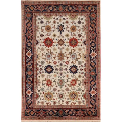 Geometric Ivory Heriz Serapi Indian Area Rug Hand-Knotted Wool Carpet - 6'0" x 8'11"