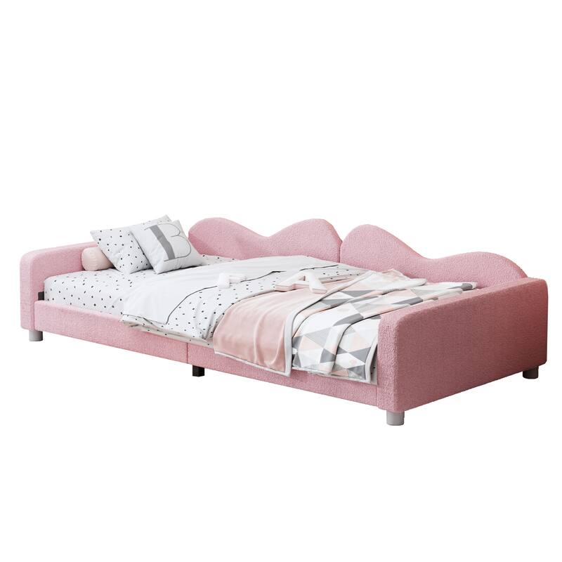 Pink Twin Size Sherpa Fabric Upholstered Daybed with Cloud-Shaped Backrest for Bedroom