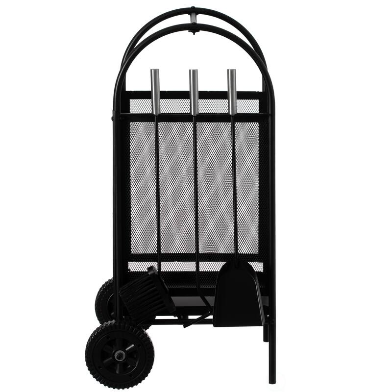 Indoor and Outdoor Patio Iron Firewood Log Cart with Wheels and Fireplace Tool Set, Black