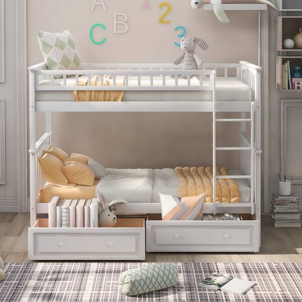 slide 2 of 14, Minimalist Style Twin over Twin Bunk Bed with 2 Drawers and Fence-shaped Guardrail, Convertible Beds, Versatile Usage, White