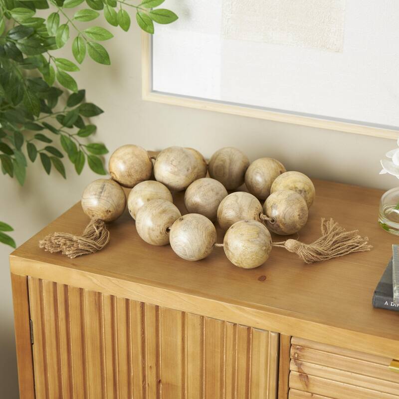Mango Wood Handmade Round Extra Long Washed Orb Garland with Tassel - Brown, Black or White - Roche River Decor