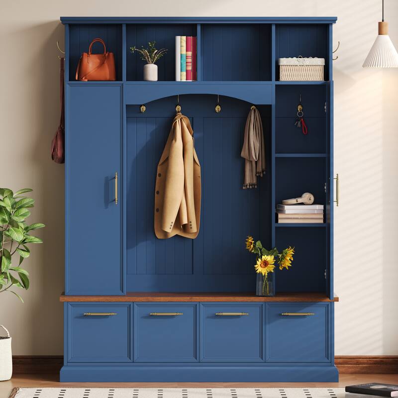 59" Farmhouse Hall Tree - 4-in-1 Entryway Bench with Golden Hooks, Adjustable Shelves & Shoe Storage