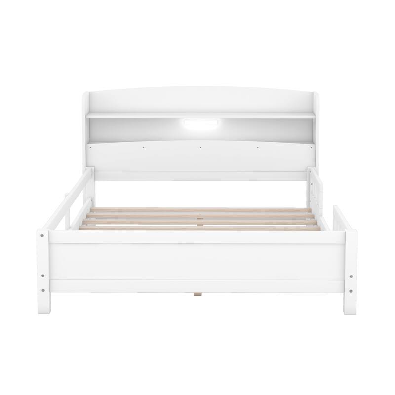 Multifunctional Wood Platform Bed, Twin/Full with LED Headboard Light & Storage