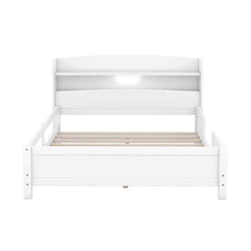 White Full Size Platform Bed w/LED Light, Storage Headboard, Guardrail