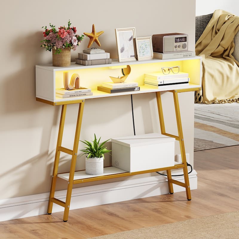 Gymax 40'' Console Table w/ Power Strip 3-Tier Entryway Table w/ RGB