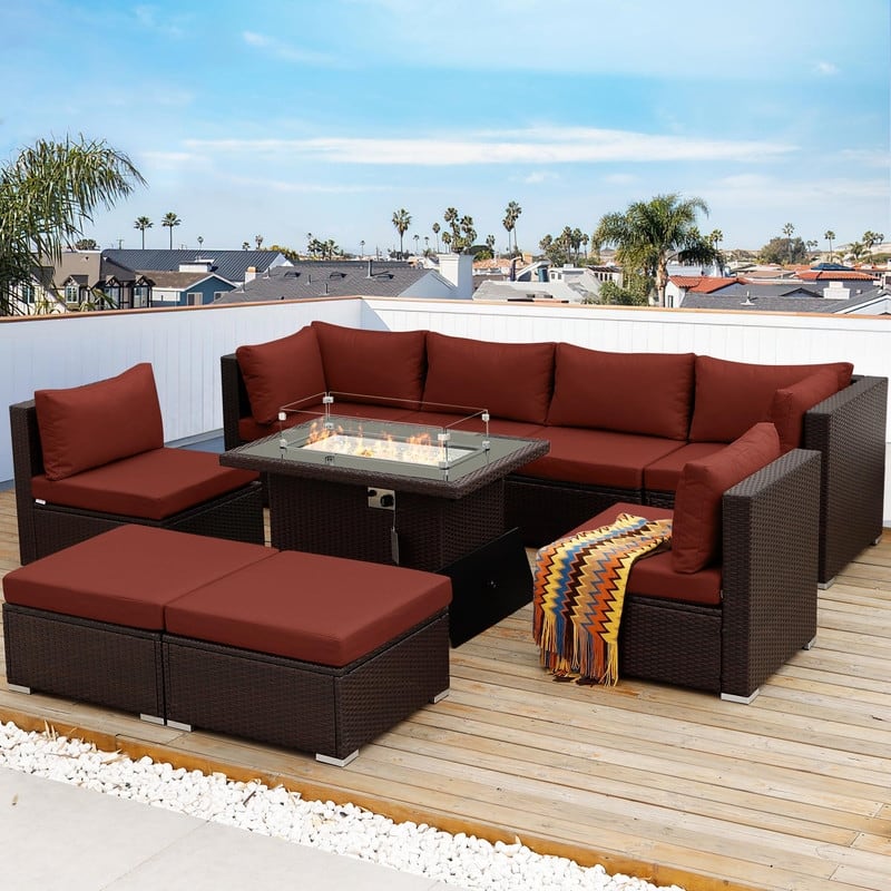 FINCATI Outdoor Wicker Patio Furniture Conversation Sectional Sofa Set - 9 PCS-B - Burgundy