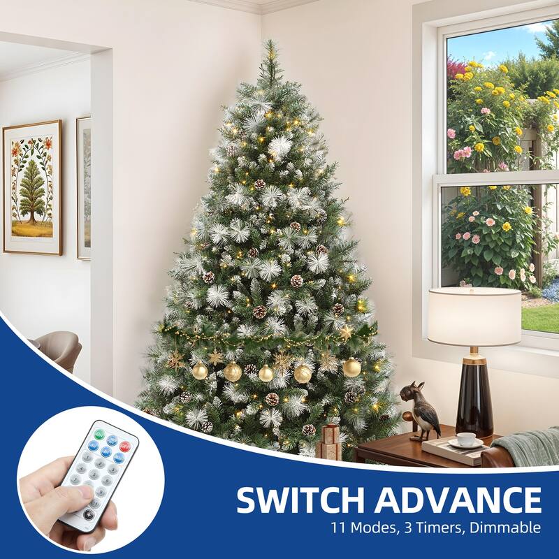 4.5/6ft Prelit & Pre-Decorated Scotch Pine Christmas Tree with Remote Control, Frosted Christmas Tree with Pine-Cones & Needles
