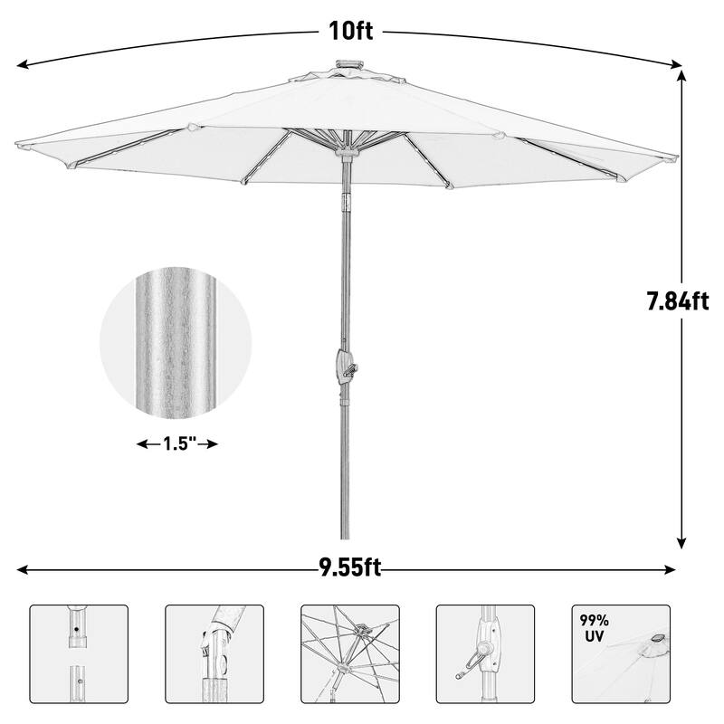 10ft Patio Umbrella with Lights Outdoor Solar Umbrella