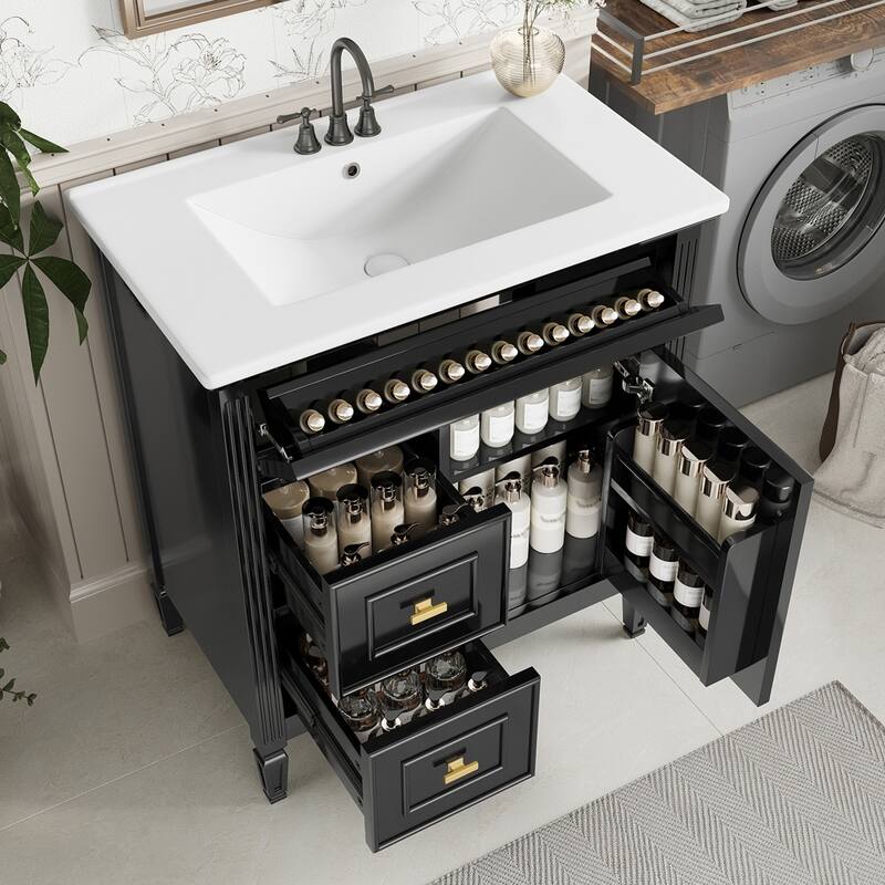 Freestanding Bathroom Cabinet,Tilt-Out Laundry Hamper,Adjustable Shelf - Black