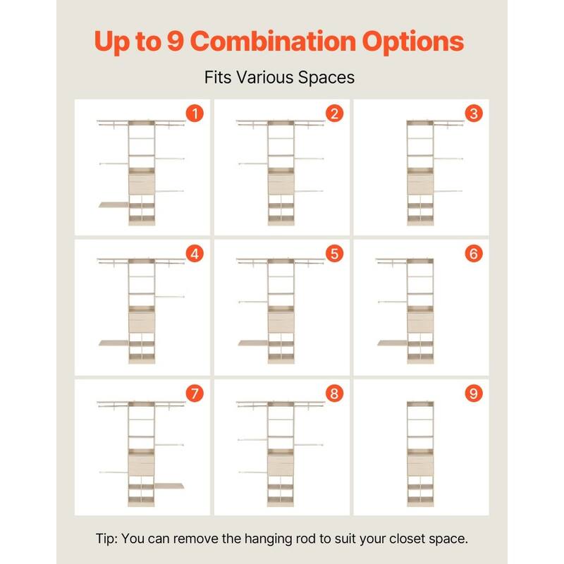 60” Grey Oak MDF Closet Storage Drawers with Hanging Rods and 17 Organized Compartments - 60” x 15.8” x 73”