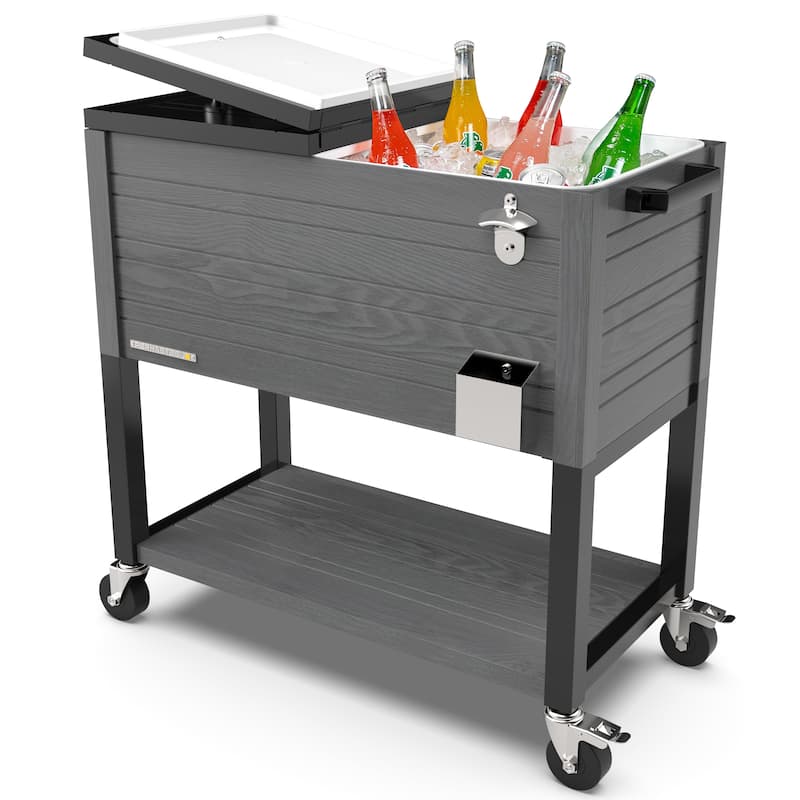 Permasteel 80-Qt Rustic Woodgrain Style Rolling Patio Cooler with Wheels - Grey