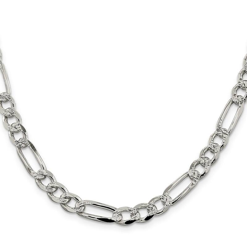 Curata 925 Sterling Silver Solid 7.25mm Pave Flat Figaro Chain for Men