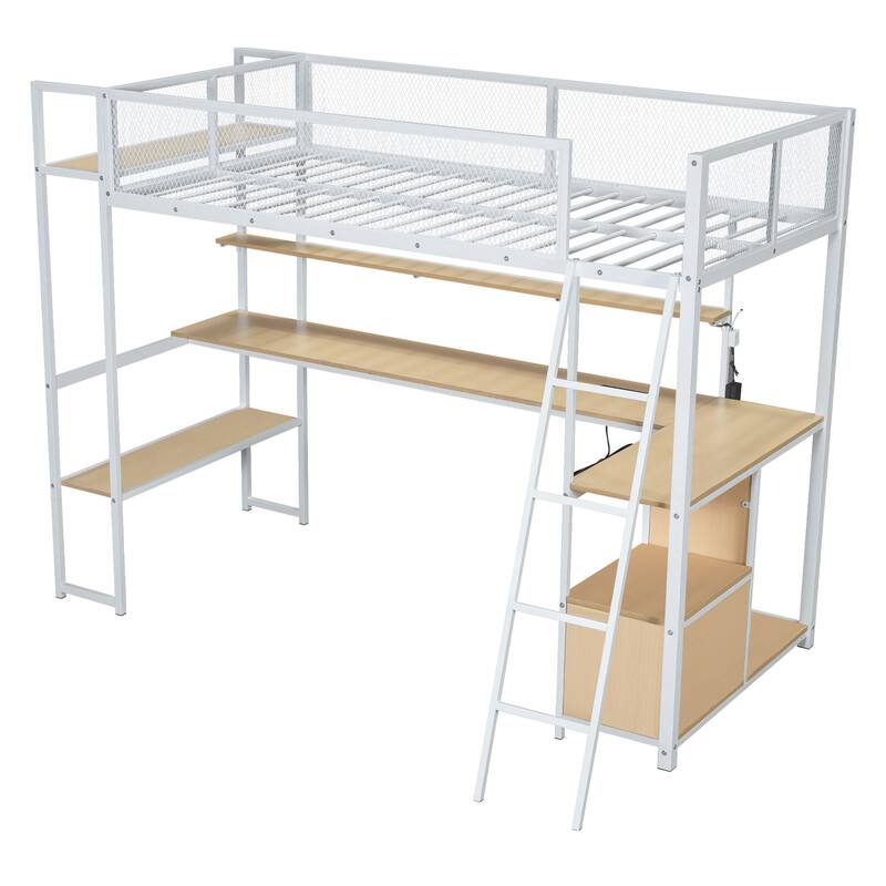 Twin Metal Loft Bed with Study Desk, Remote-Control LED Shelf Lighting, Charging Station & Ample Storage,Cabinets and Shelves