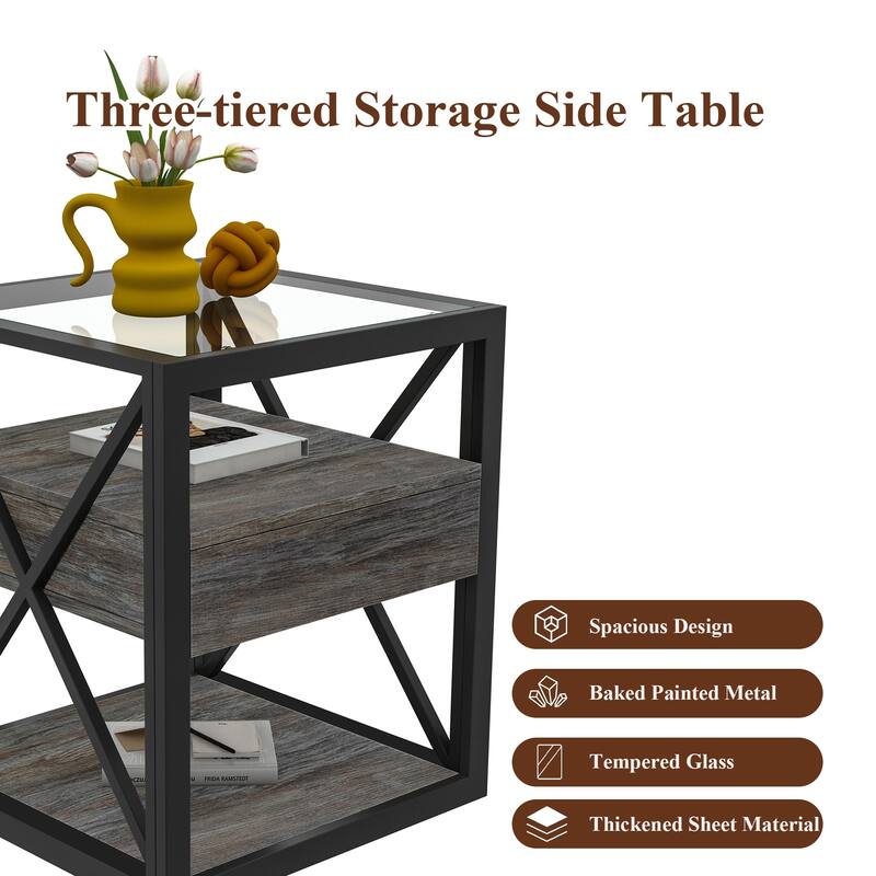 1 piece Modern End Table with Drawer - Nightstand,Rustic Wood Grain MDF& Tempered Glass Top,Industrial Style Side Table