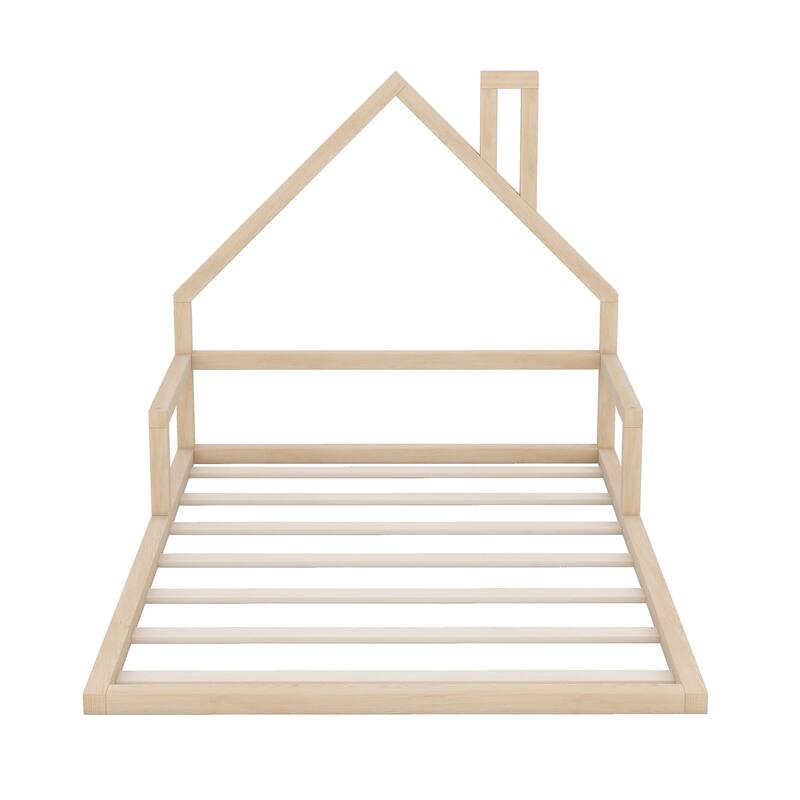 Full Size Natural Wood Floor Bed with House-shaped Headboard