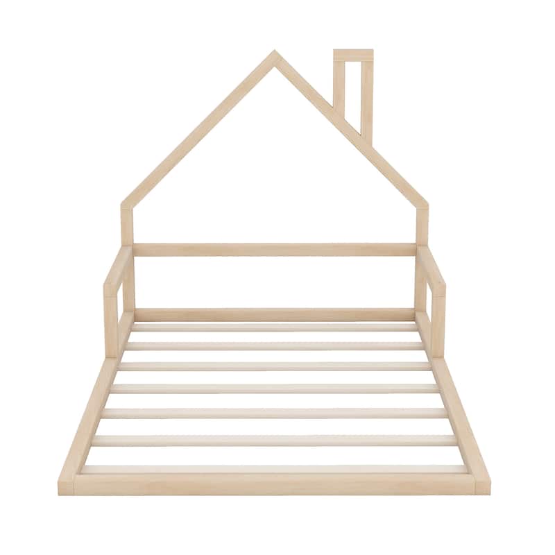 Full Size Wood Floor bed with House-shaped Headboard, Natural