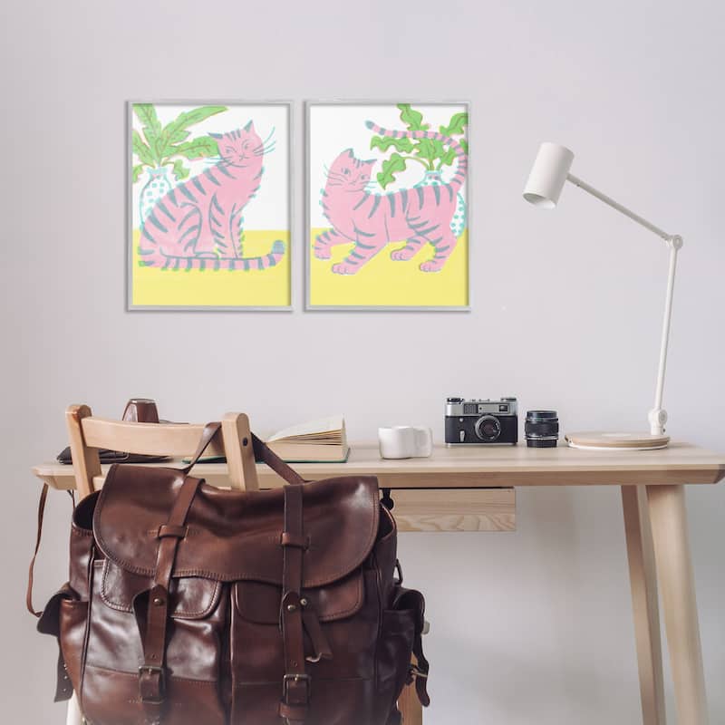 Stupell Pastel Pink Cats & Plants Framed Giclee Art Design By Hannah Moren (Set of 2)