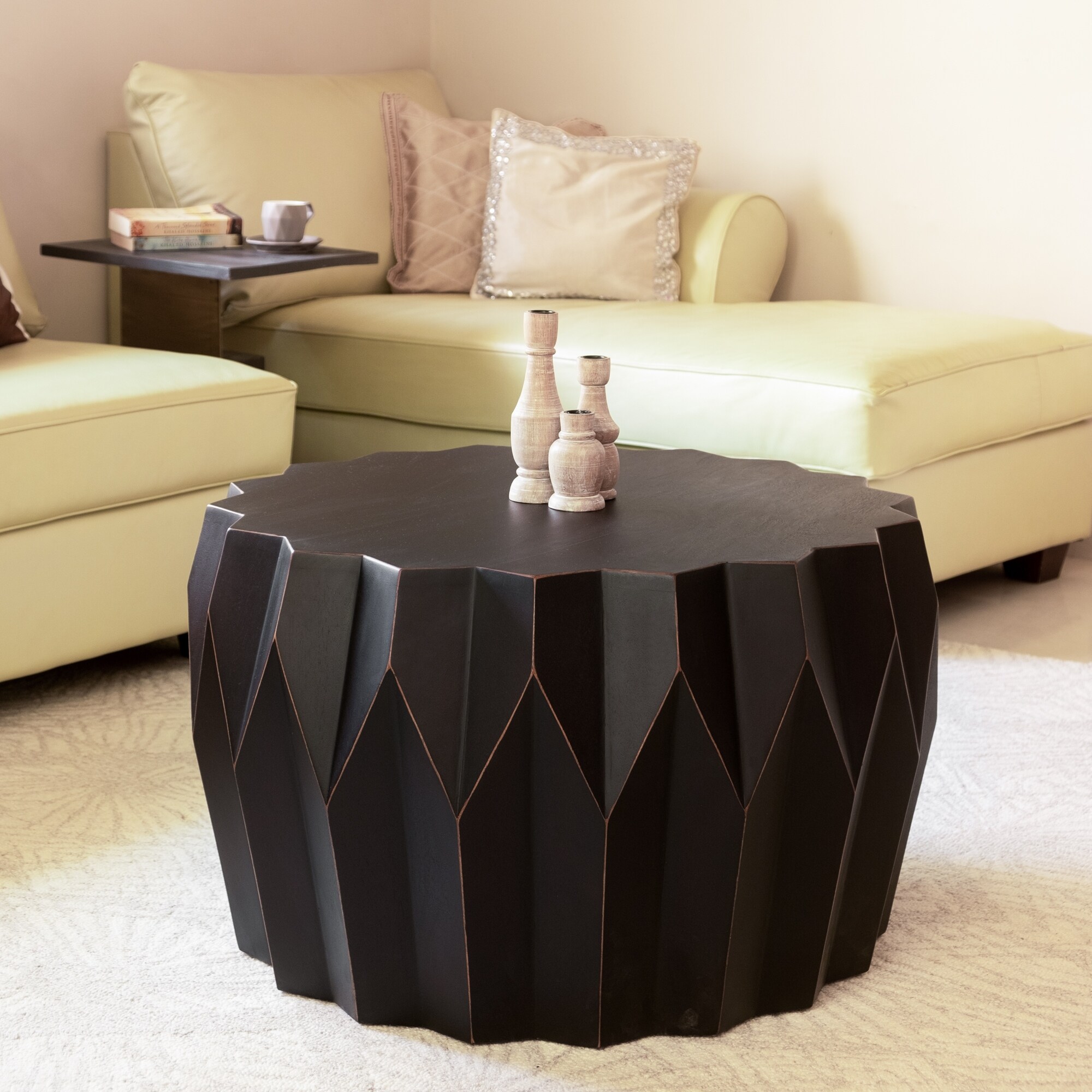 HomeRoots 29" Black Solid Wood Round Distressed Coffee Table - Thumbnail 4