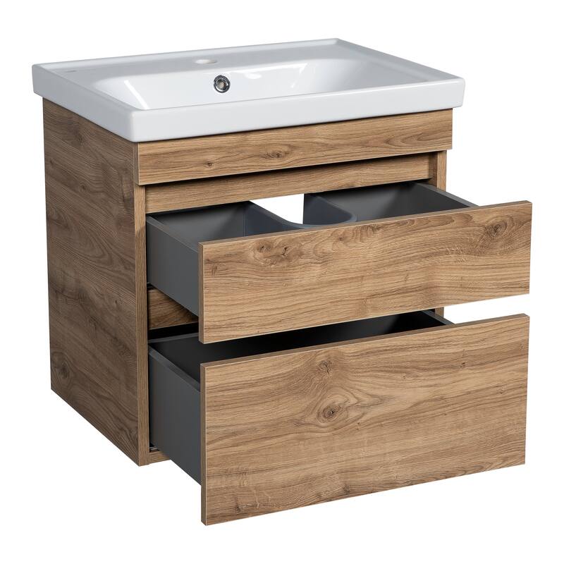 Modern Wall-Mounted Bathroom Vanity with Washbasin Niagara Teak Natural Non-Toxic MDF-24"-Omega R-line 24"