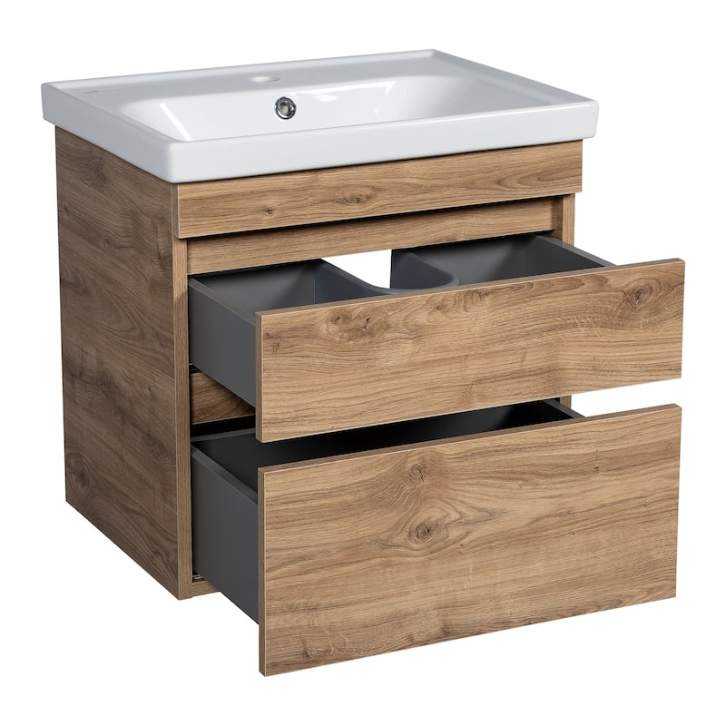 Modern Wall-Mounted Bathroom Vanity with Washbasin Niagara Teak Natural Non-Toxic MDF-24"-Simple 32"