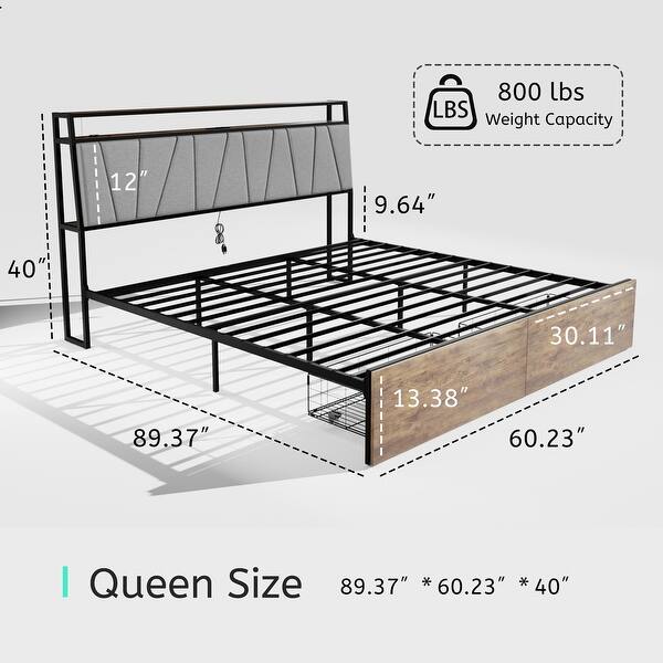dimension image slide 2 of 3, Queen Metal Platform Bed with Storage Shelves, USB Ports, and RGB Lights