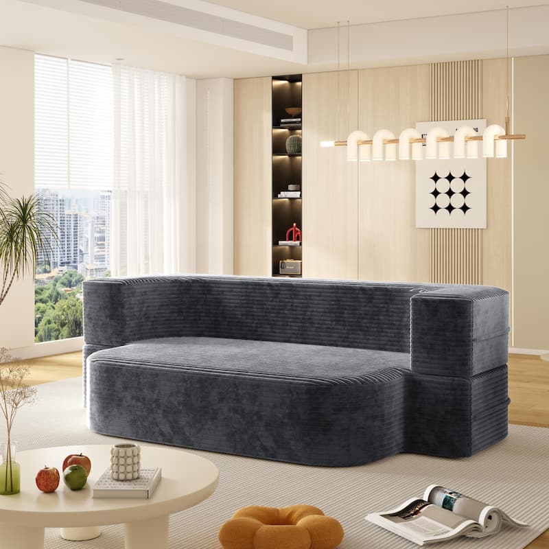 78.7" Modern Convertible Corduroy Sofa Bed with 2 Pillows, Floor Deep Seat Sleeper Couch, Foldable 2-in-1 Sofa for Living Room