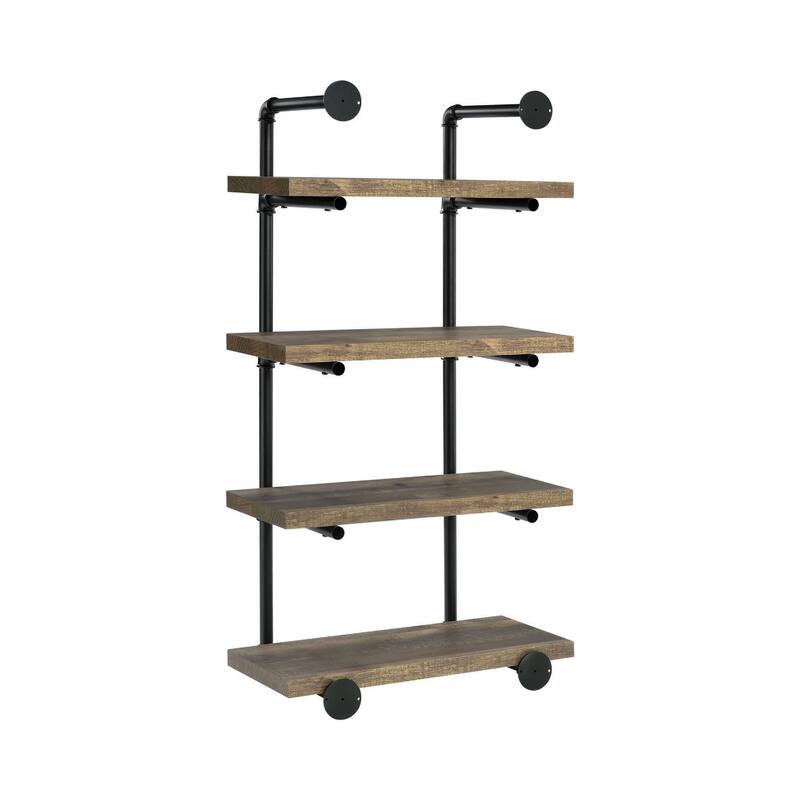 Wall Shelf with 4 Shelves and Piped Metal Frame, Brown and Black