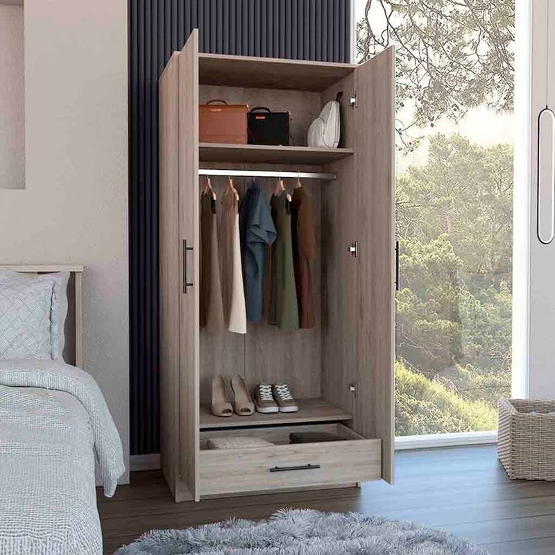 19.69" Modern Double-door Armoire with Hanging Rod, Spacious Top Shelf and Bottom Drawer