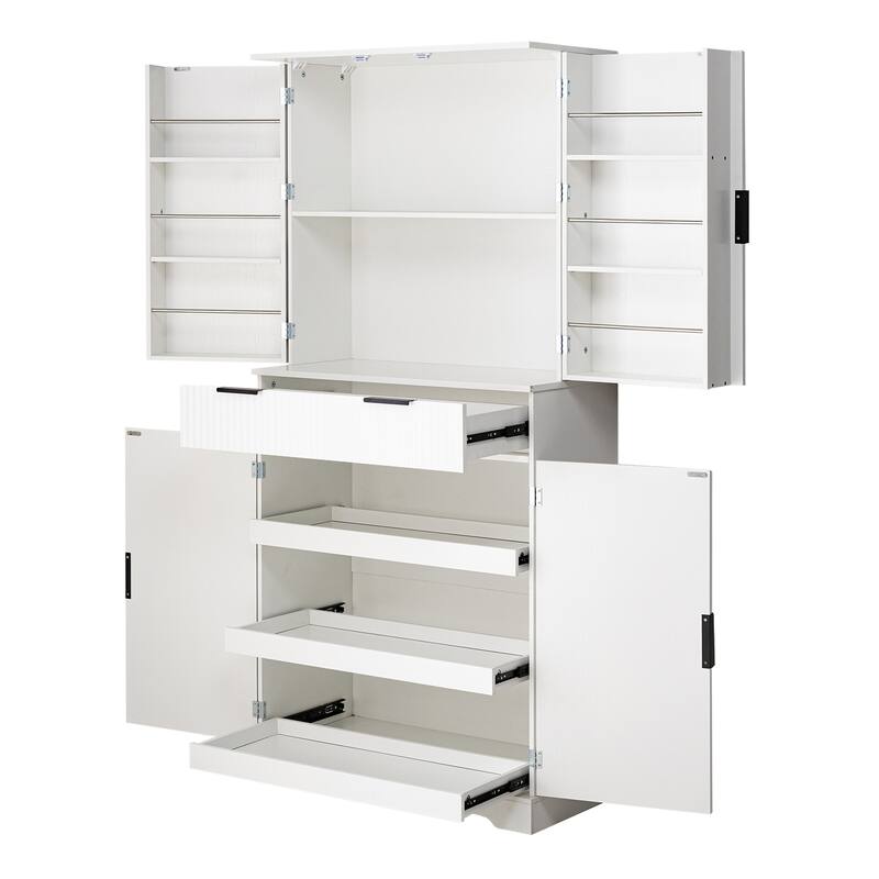 Fluted Kitchen Pantry Cabinet, Freestanding Buffet Cabinet, Storage Cabinet with 3 Keyboard Drawers & 6 Adjustable Door Shelves