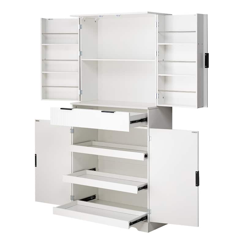 Fluted Kitchen Pantry Cabinet, Freestanding Sideboard Buffet Storage Cabinet with 3 Keyboard Drawers & 6 Door Shelves