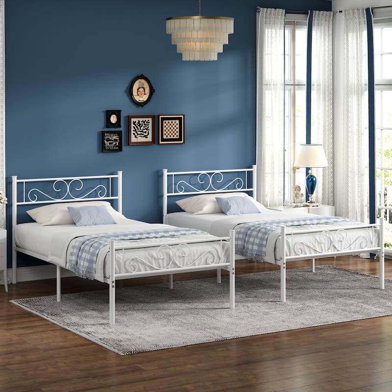 VECELO Kids Bed Frame Set of 2, Metal Bed Frame with Headboard, Twin Size Platform Bed