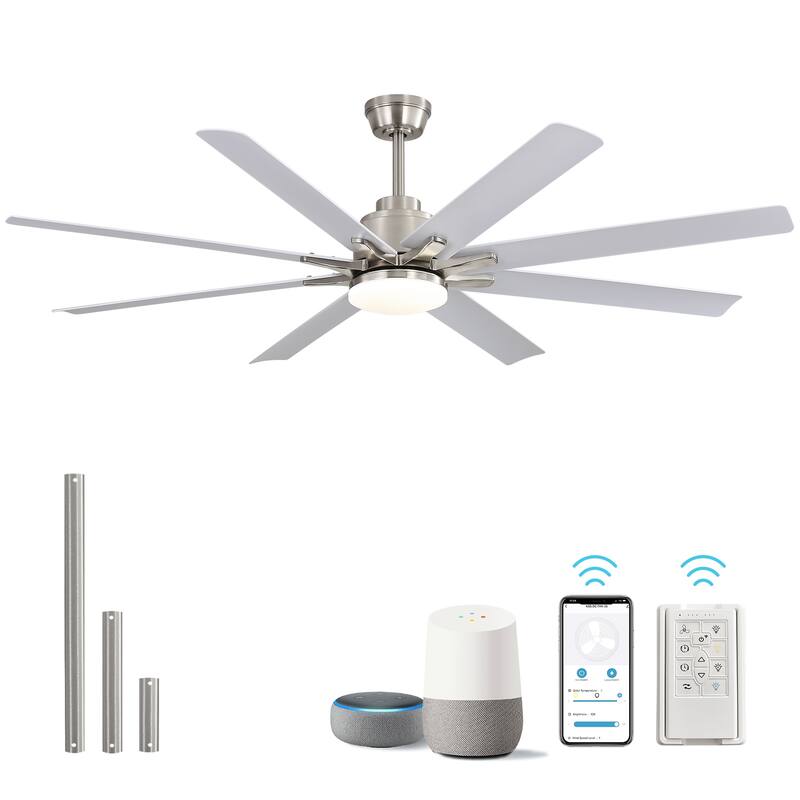 52''/66"/72'' Large Industrial Windmill Smart Ceiling Fan with Light, App and Remote Control, Dimmable LED - Nickel with White ABS Blades - 52 Inch