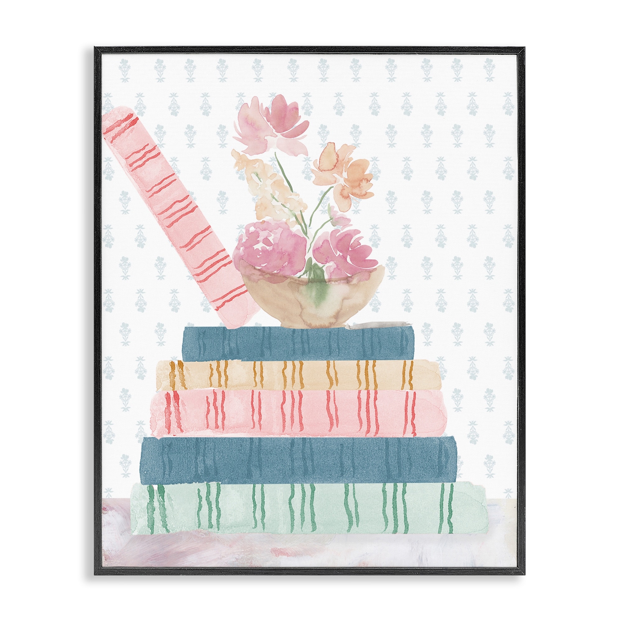 Stupell Pastel Flowers And Books Framed Giclee Art Design By Lucille Price