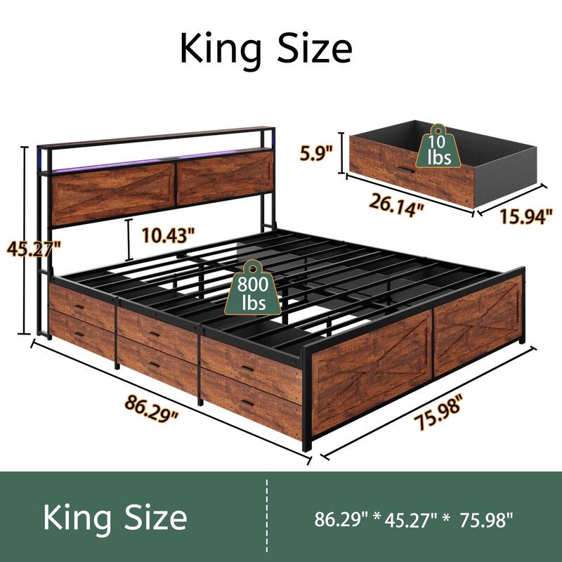 King Bed Frame with Storage Headboard, and 12 Drawers LED Lights, Metal Platform, Metal Slats Support