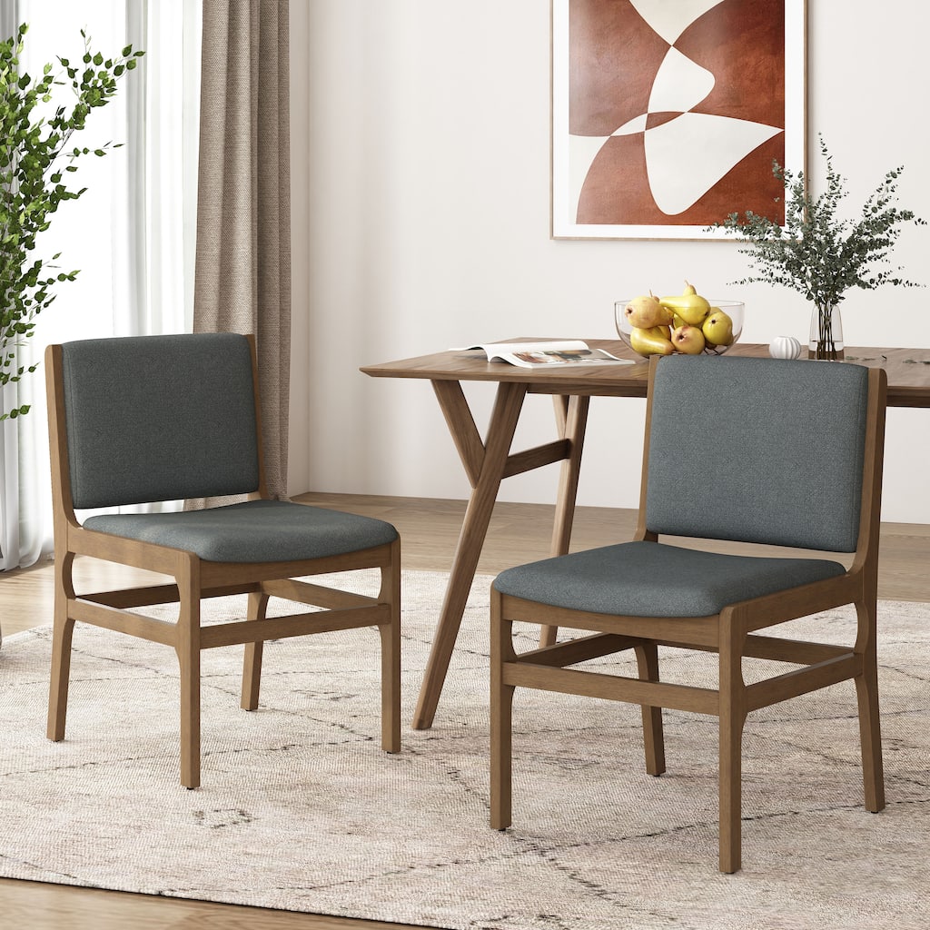 Rubberwood Frame Dining Chair - 2pcs Fabric Back Wooden Chairs for Kitchen and Dining Room, Dark Gray Upholstered Dining Chair