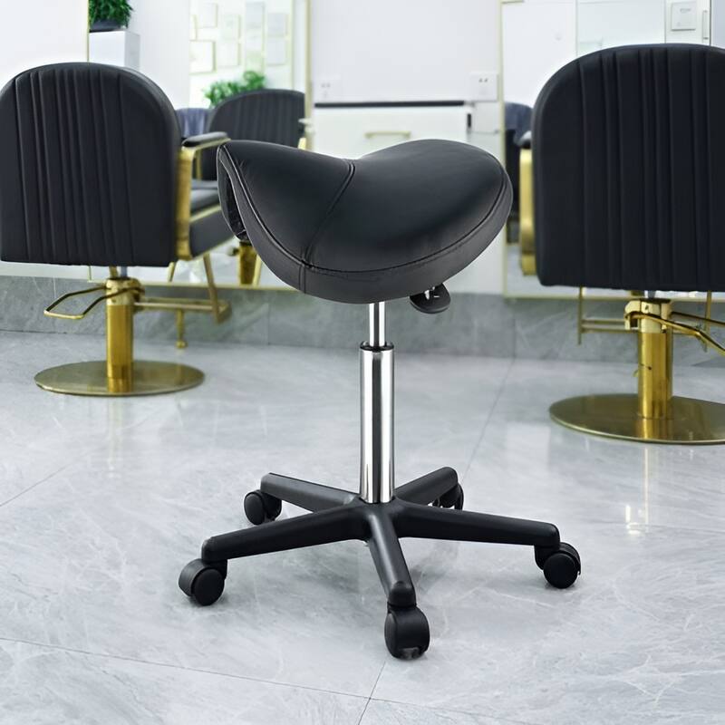 Black Saddle Stool 400 lbs Capacity w/ith Adjustable Seat & Wheels - 21.3x21.3x20.1