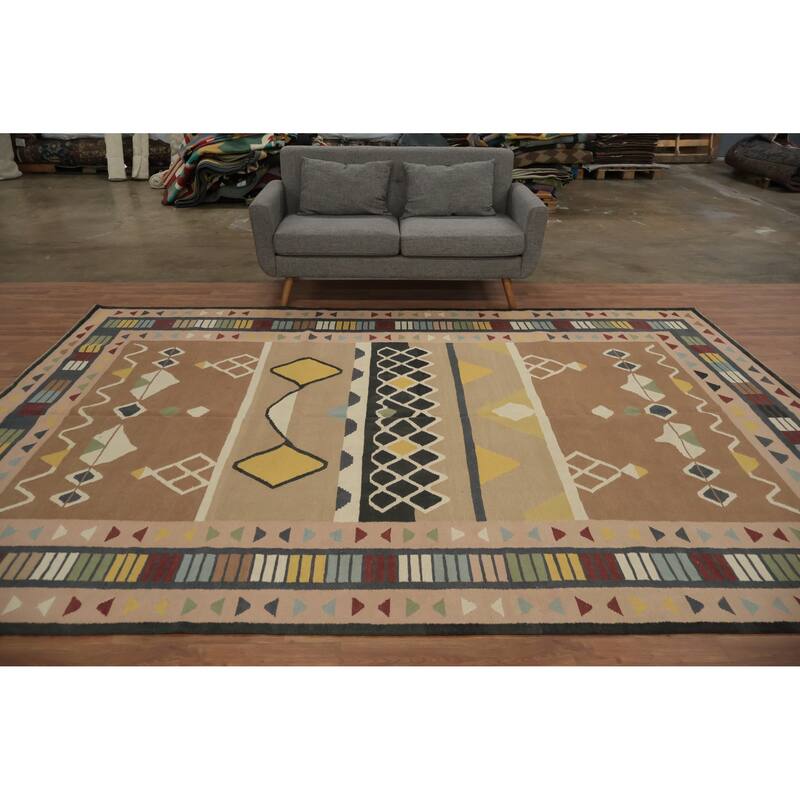 Hand Woven Oriental 100% Wool Carpet Southwestern Tribal Brown Kilim Area Rug - 11' 10'' X 8' 2''