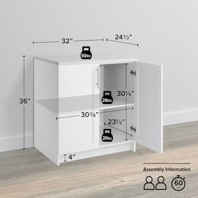 Prepac Elite White Storage Cabinet with Panel Doors 24.5" D x 32" W x 36" H - 32 in W x 36 in H x 24.5 in D