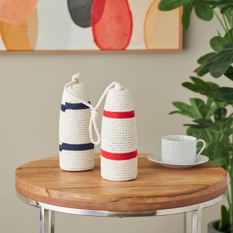 White or Brown Wood Handmade Coiled Striped Rope Buoy Sculpture with Joined Hanging Handle (Set of 2) - White