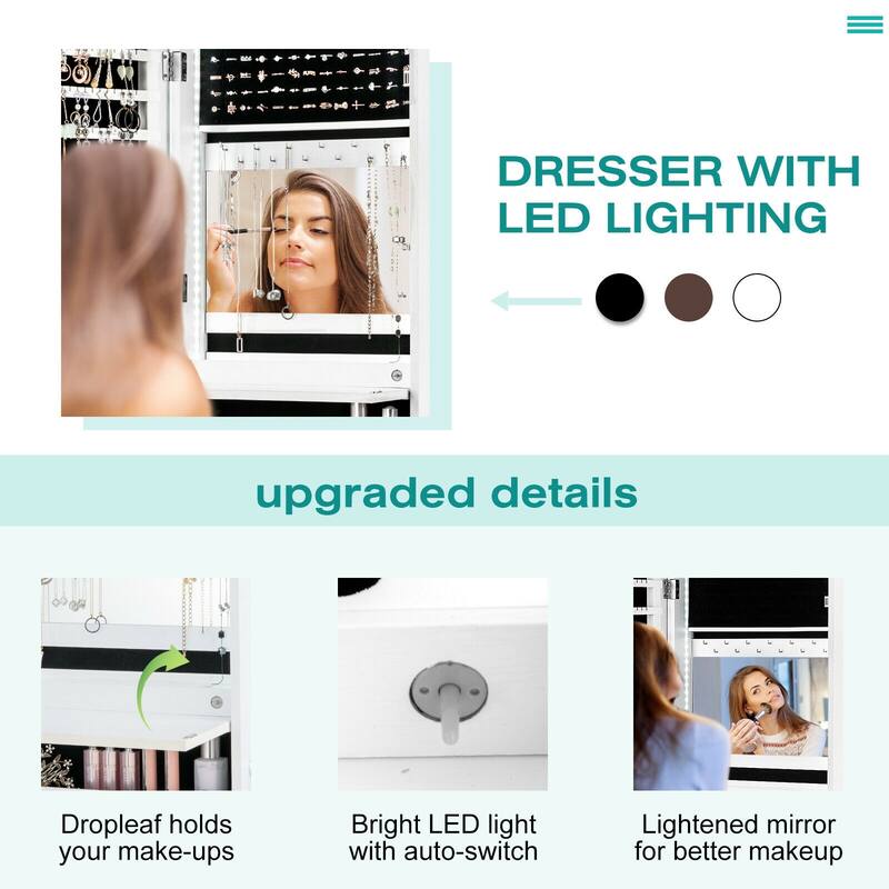 4 Drawers Multipurpose Jewelry Storage Cabinet with LED Light Dropleaf Board and Full-Length Mirror
