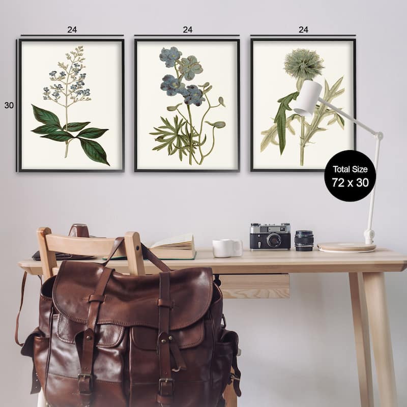 Stupell Vintage Blue Botanical Flowers on Beige, 3pc Multi Piece Framed Wall Art Set