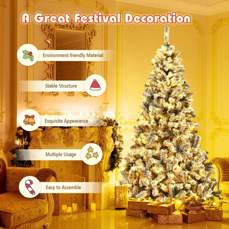 Gymax 6/7.5/9 FT Pre-Lit Christmas Tree Snow Flocked Hinged Pine Tree